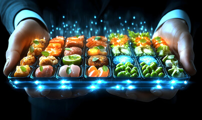 Futuristic Food Tray Held by Hands with Glowing Blue Lights and