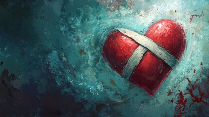 Wounded heart illustration with bandage on textured blue background with red splatters