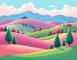 Fototapeten a vibrant and picturesque landscape featuring rolling green hills dotted with trees, under a clear sky © Anajak