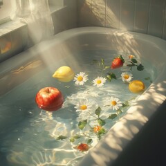 sunlit bathtub filled with water, floating fruits and chamomile flowers – apple, lemons, strawberries in dreamy natural light, spa and wellness mood