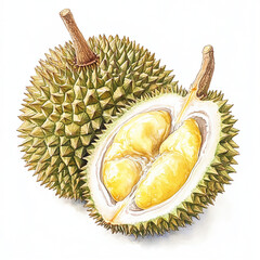 Obraz premium Whole and halved durian with yellow flesh in watercolor botanical illustration style.