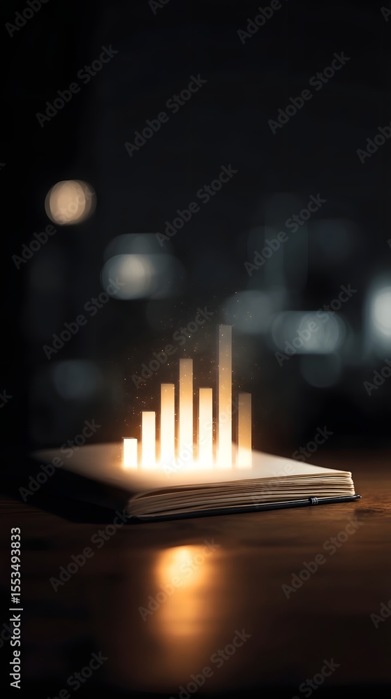 Poster glowing bar chart of income sources hovering above a notebook