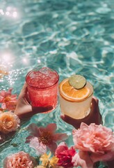 Tropical summer cocktails in pool with citrus and flowers – ideal for vacation ads, pool party invites, or summer drink menus