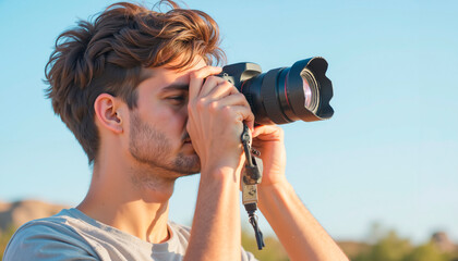 Young man taking photographs with camera outdoors in bright sunlight  