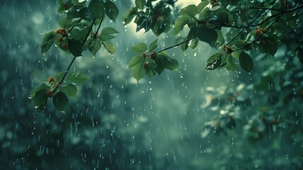 
Summer heavy rain in forest. Drops of water dripping from green leaves of cherry tree. Beautiful calming background. Weather, environment, nature concept. High quality