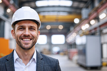 Smiling Engineer Wearing a Hardhat Inside a Modern Industrial Warehouse Setting with Copy Space