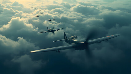 Vintage Aircraft Squadron Flying Above Clouds isolated on a transparent background