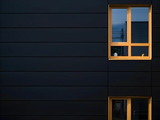 Obraz premium Modern Minimalist Architecture: Dark Facade with Golden Windows and Plants