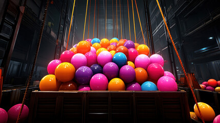 Ball factory, Team lifting bulk crates filled with inflated balls in a dynamic warehouse setting.