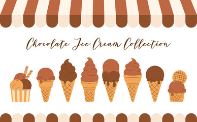 Large summer chocolate Ice Cream Clipart set, Collection. Striped kiosk awning. Soft brown gelato, melted scoop in waffle cone on white background. Isolated Hand drawn flat Vector illustration EPS10