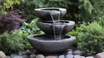 Serene three-tiered stone water fountain in a lush garden setting.