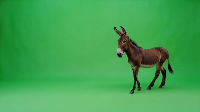 A brown mule standing in front of a green screen looking directly at the camera in a studio shot green screen video
