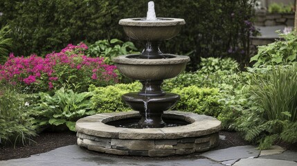 Naklejka premium Three-tiered stone fountain in lush garden setting.