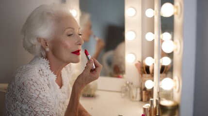 Elegant senior woman applying lipstick at vanity mirror , National Lipstick Day