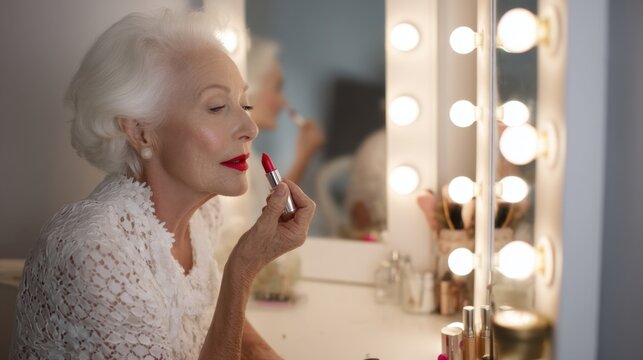 Elegant senior woman applying lipstick at vanity mirror , National Lipstick Day