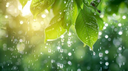 
Summer heavy rain in forest. Drops of water dripping from green leaves of cherry tree. Beautiful calming background. Weather, environment, nature concept. High quality