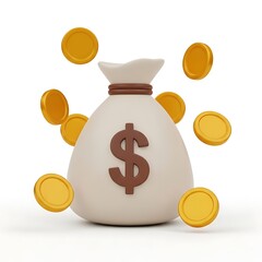 3D Render of Money Bag with Gold Coins Wealth, Finance, and Prosperity Concept