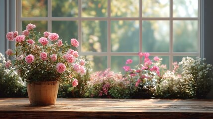 Pink Roses by the Window with Natural Sunlight