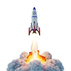 Retro Rocket Launching into Space 3D Render of Classic Spaceship Blast Off