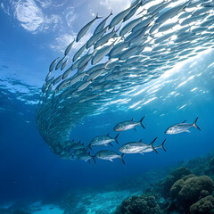 Naklejka premium shimmering silver fish swimming in perfect unison