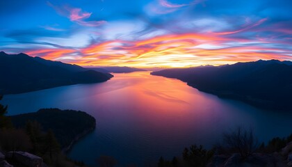 A scenic view of a lake reflecting a vibrant sunset, flanked by silhouetted mountains under a colorful sky.