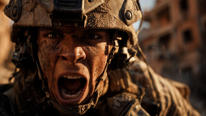 Soldier in heat of battle, screaming with raw emotion as dirt and sweat cover his face. Psychological emotion in soldier life for dramatic films, military PSAs, or documentaries exploring of war