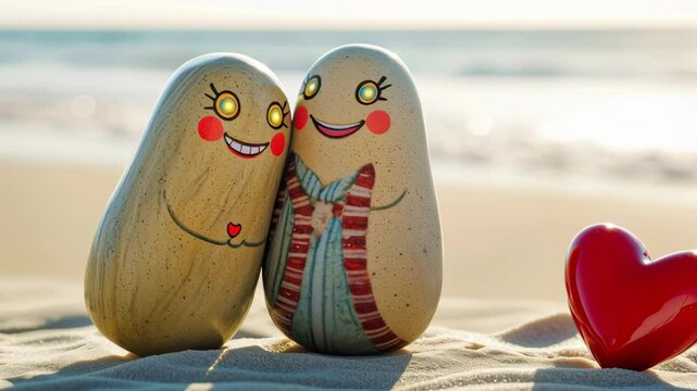 Two goofy pebbles in love on a sandy beach, sharing a cute and quirky romantic moment. A playful alternative love story perfect for valentine, wedding, engagement, anniversary, and romantic themes