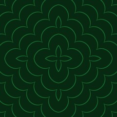 A dark green background features an intricate floral pattern with symmetrical, repeating shapes. The design has a subtle line contrast that enhances its decorative nature.
