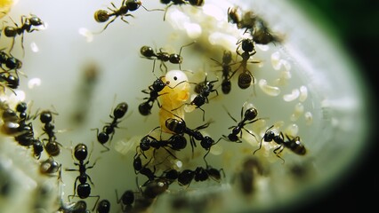 Colony of black reapers messor structor ants in a acrylic Formicarium close-up top view....