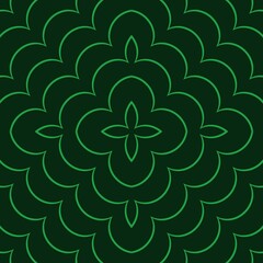A seamless pattern features symmetrical, petal-like shapes forming a central floral motif. The design, rendered in shades of dark green, creates an elegant and harmonious visual effect.