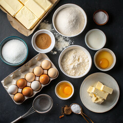 Ingredients for a sweet treat, including different types of flour, eggs, and cubed butter, presented for a baking recipe.