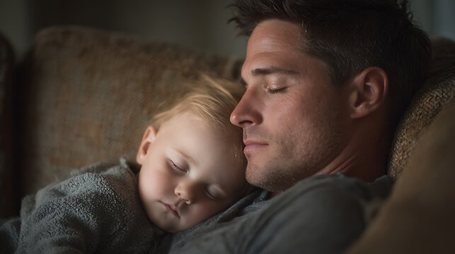 Father and Toddler Napping Together on Couch