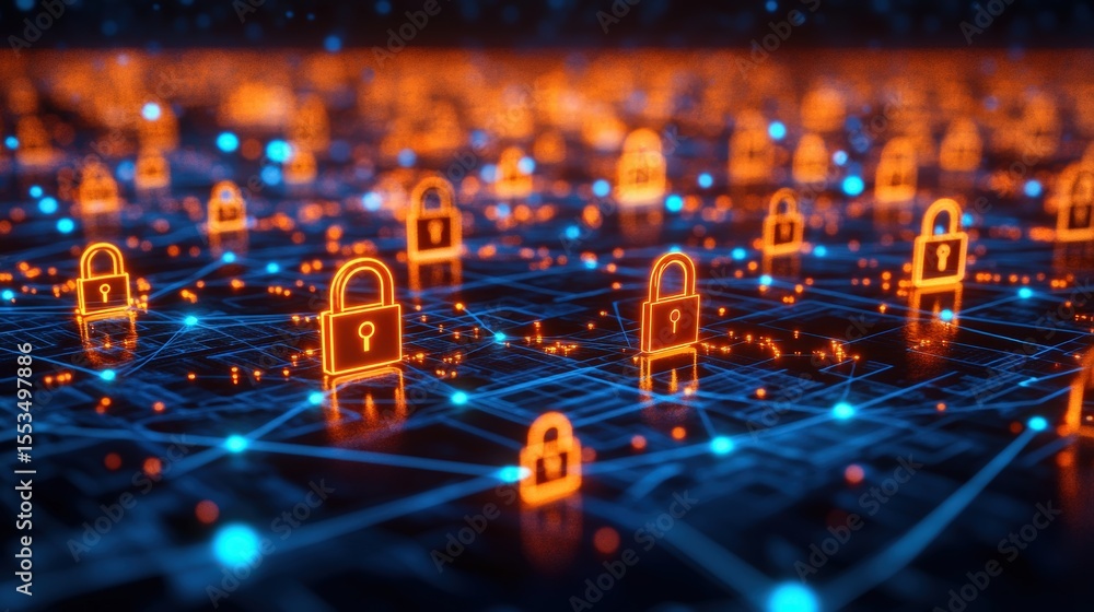 Poster a digital network with glowing padlocks illustrates cybersecurity and data protection in a connected