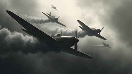 Vintage Warplanes Flying Through Clouds isolated on a transparent background