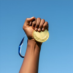 Gold Medal Winner Celebrates Achievement Under Bright Sunlight isolated on transparent background