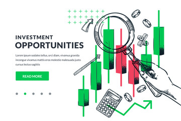 Obraz na płótnie Canvas Hand with magnifying glass analyzing stock market candlesticks. Vector illustration of trading, investment, finance