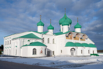 View of the ancient Transfiguration Cathedral on a sunny March day. Alexander-Svirsky monastery. Staraya Sloboda, Leningrad Region. Russia