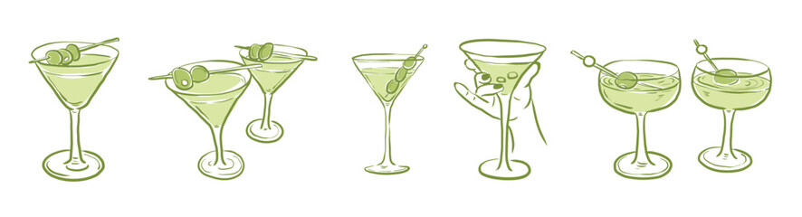Hand drawn cute martini cocktail vector collection. Hand drawn martini cup vector
