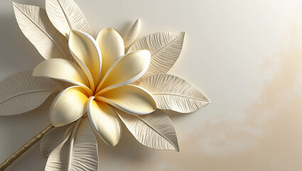 Elegant three dimensional artwork of a creamy plumeria flower and leaves botanical design
