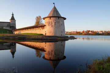 The ancient Flat Tower on a sunny October morning. Pskov Kremlin, Russia