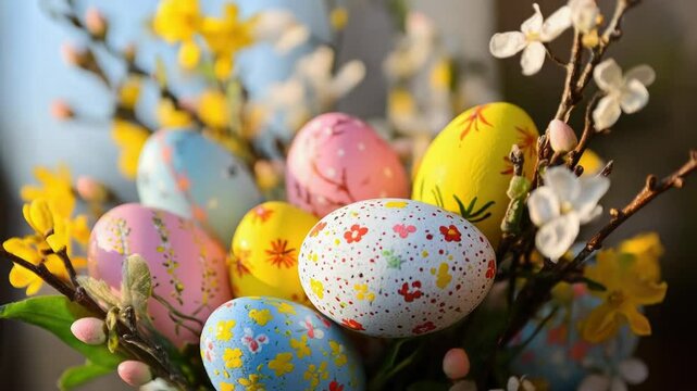 A decorative vase filled with many colorful Easter eggs, perfect for decorating your home or using as a prop in photography