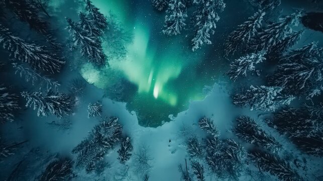 Drone view: Northern Lights dance over snow-covered pine trees, lighting up a winter wonderland from above.

Aerial shot: Aurora Borealis glows in the night sky above a snowy forest. - Powered by Adobe