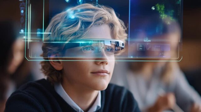 Young Student Explores Futuristic Learning With AR Glasses in Modern Classroom. Innovative Education and Technology.