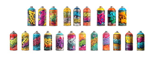 Pack of Collection of Colorful Spray Paint Cans with Graffiti Designs against transparent Background