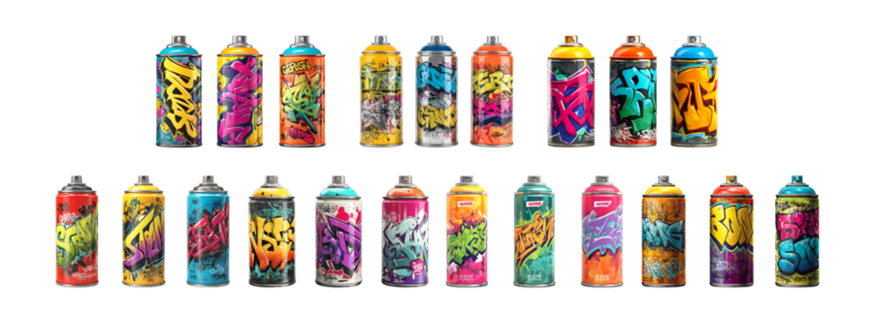 Pack of Collection of Colorful Spray Paint Cans with Graffiti Designs against transparent Background