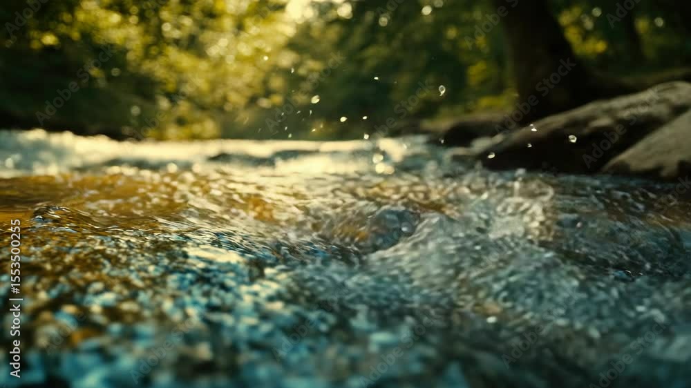 Poster a beautiful view of a waterfall rushing through rapids with a forest backdrop, bathed in sunlight cr