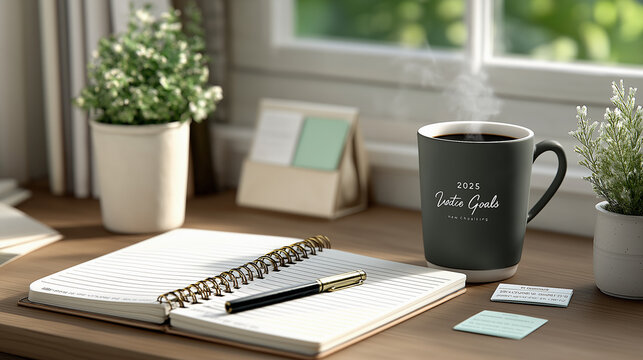 New Year Productivity and Planning Concept – Organized Home Office Desk with “2025 Goals” Page, Sticky Notes, and Motivational Mood, goal planning, new year resolution, creative workspace, dail

 - Powered by Adobe