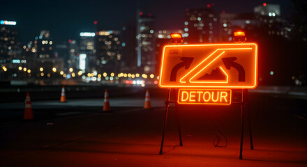 Night Cityscape With Neon Detour Sign And Traffic Cones On The Road