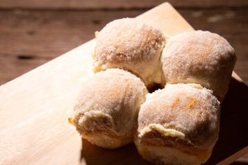 Modern bakery with many ingredients such as wheat flour, sugar, eggs, grains, fruit, butter, milk.
