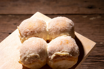 Modern bakery with many ingredients such as wheat flour, sugar, eggs, grains, fruit, butter, milk.